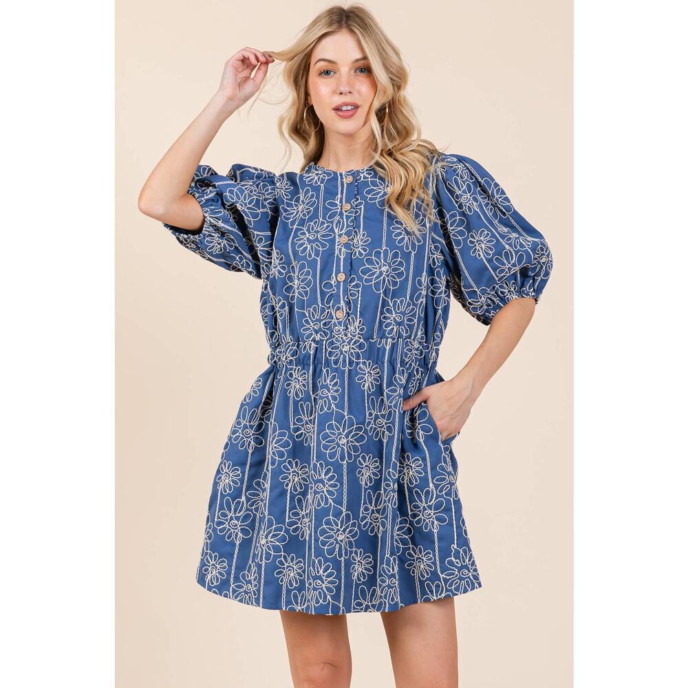 GeeGee x Lovelo Floral Embroidered Half Button-Up Mini Dress